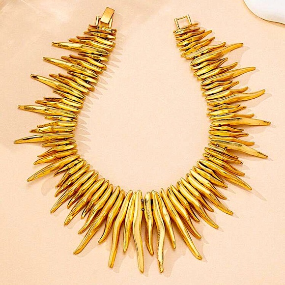 Gold Fringe Statement Choker Tassel Spiked Necklace - Picture 2 of 6